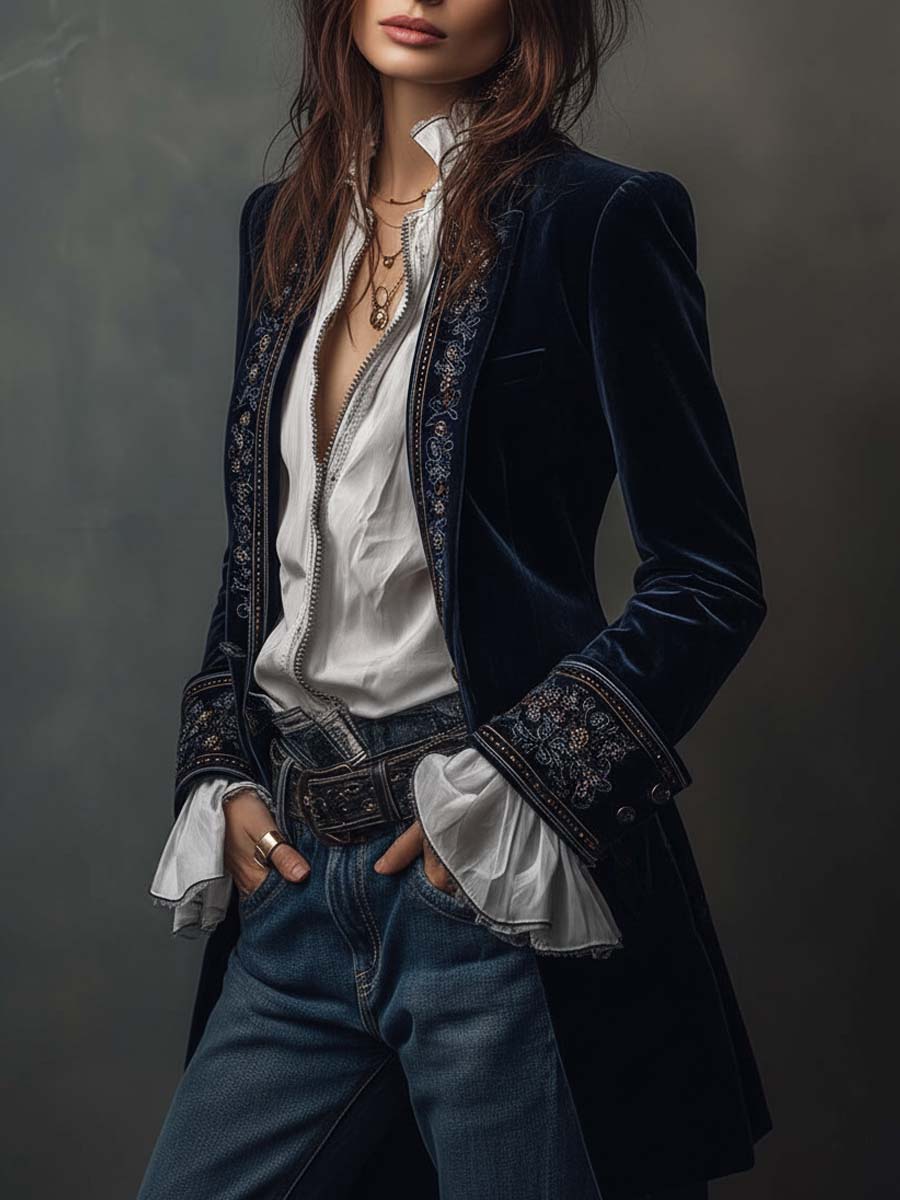 Erica | Veste longue en velours brodé