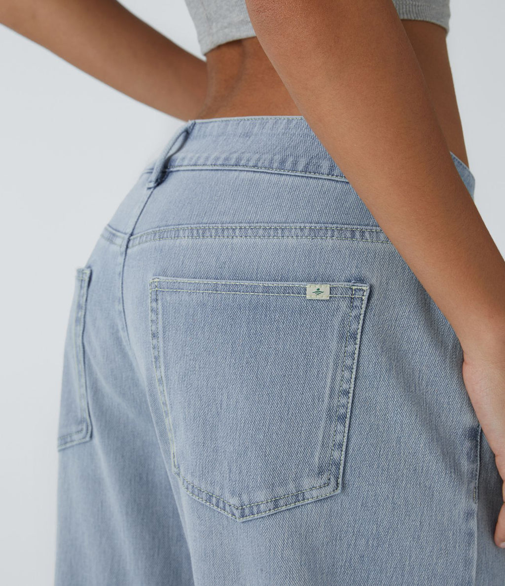 Jessica Flex™ Asymmetric Low Rise Zipper Pockets Baggy Wide Leg Washed Casual Jeans