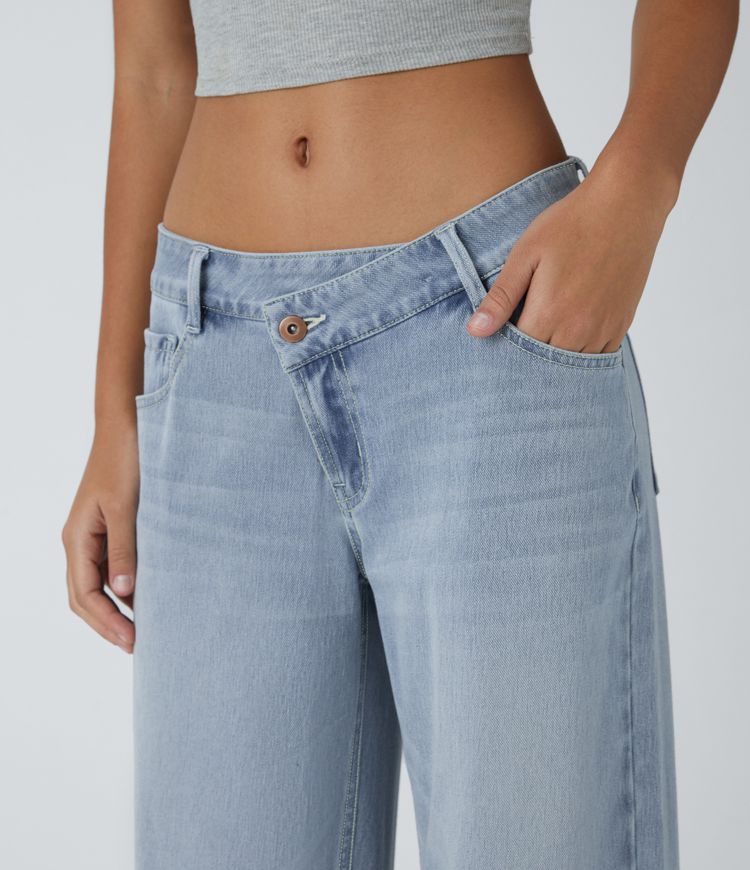 Jessica Flex™ Asymmetric Low Rise Zipper Pockets Baggy Wide Leg Washed Casual Jeans