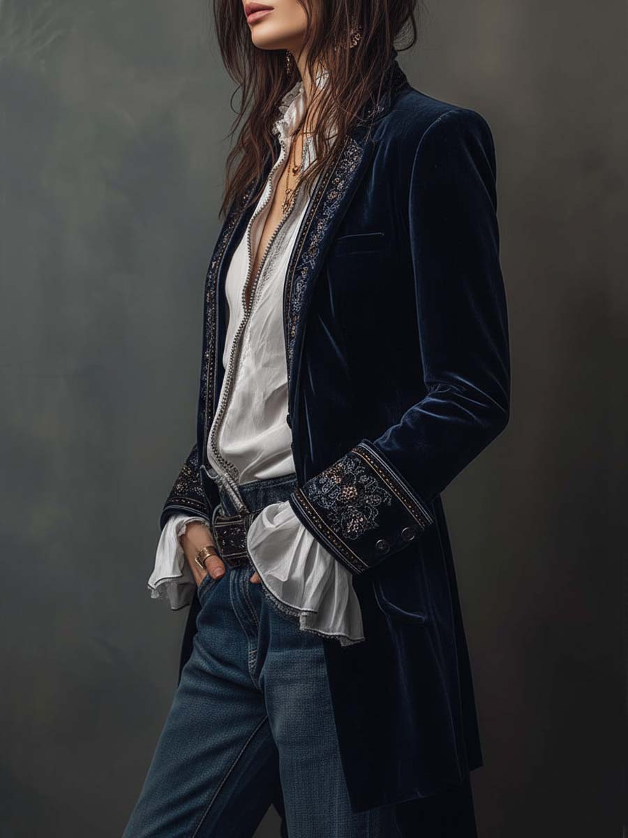 Erica | Veste longue en velours brodé
