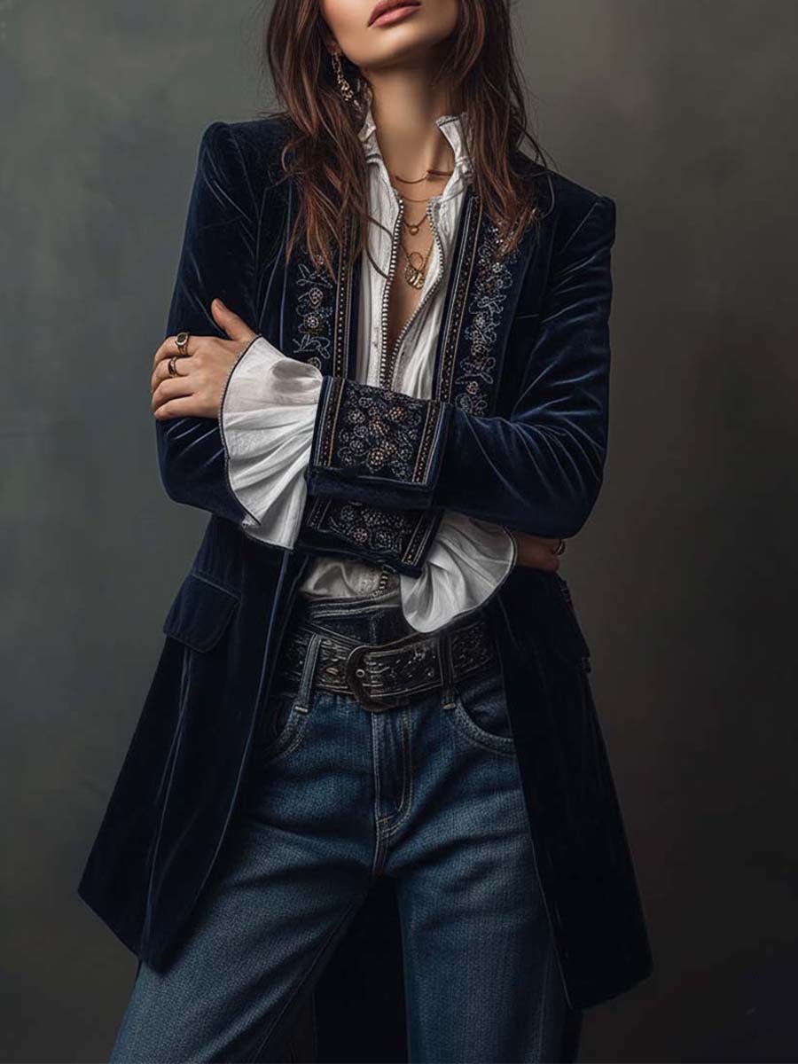 Erica | Veste longue en velours brodé
