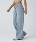 Jessica Flex™ Asymmetric Low Rise Zipper Pockets Baggy Wide Leg Washed Casual Jeans