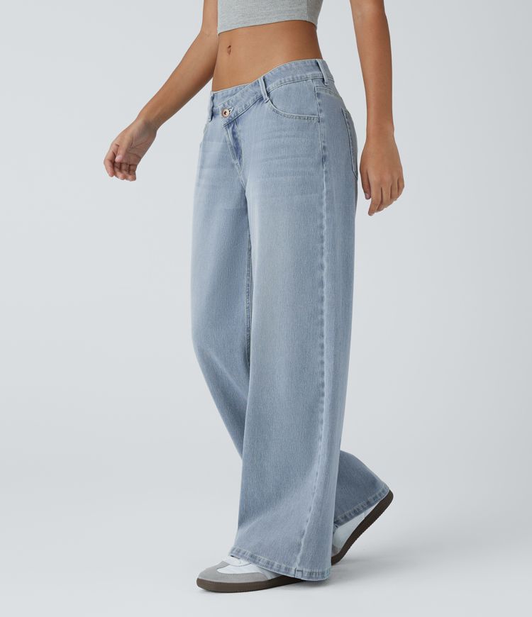 Jessica Flex™ Asymmetric Low Rise Zipper Pockets Baggy Wide Leg Washed Casual Jeans