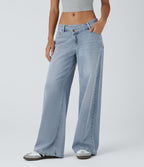 Jessica Flex™ Asymmetric Low Rise Zipper Pockets Baggy Wide Leg Washed Casual Jeans