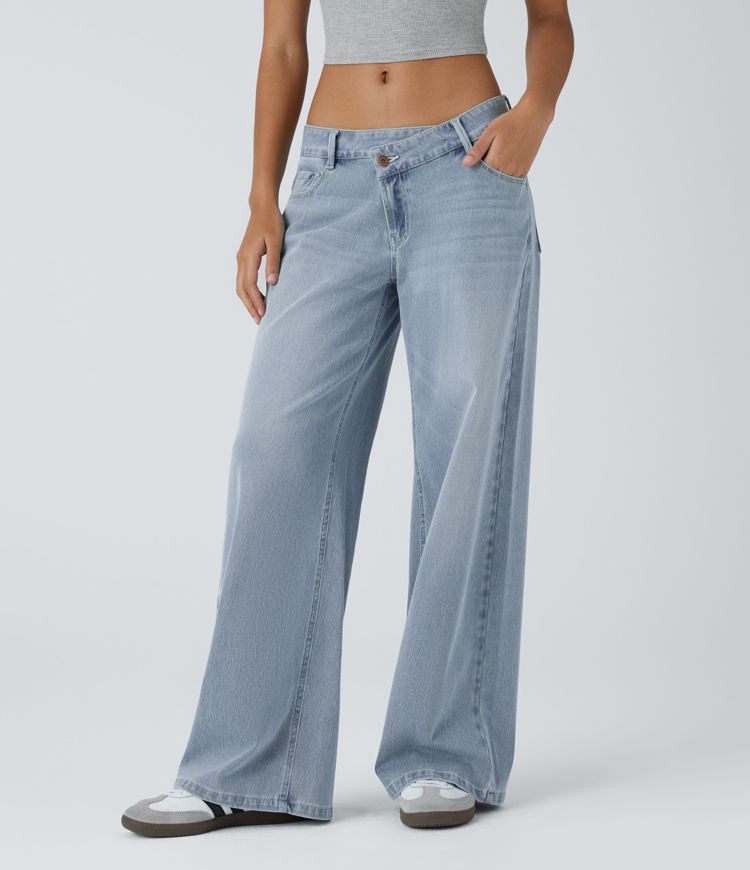 Jessica Flex™ Asymmetric Low Rise Zipper Pockets Baggy Wide Leg Washed Casual Jeans