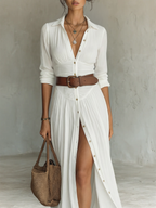 Long Maxi Dress with Notched Collar and Long Sleeves for Women