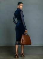 Elegant and Fashionable Dark Blue Velvet Slim-Fit Midi Dress for Women with V-Neck and Lace Sleeves